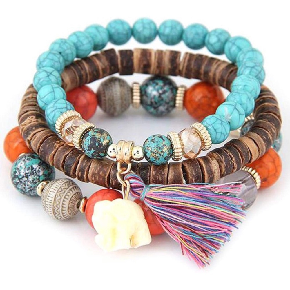 BOHO FASHION FAUX WOOD BEADED STRETCH BRACELET SET